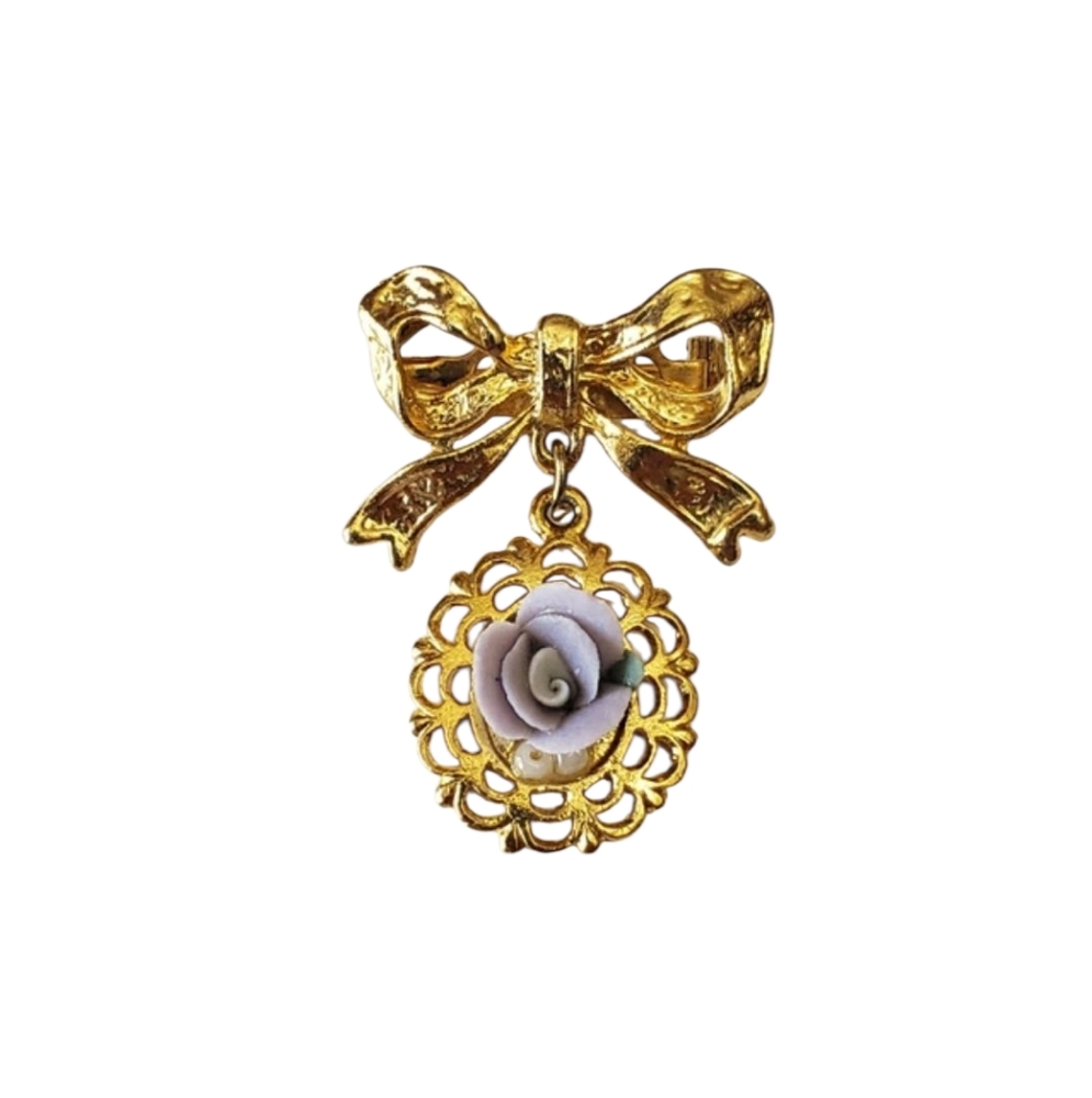 Vintage Flower Brooch Pin purple Porcelain Rose Bow Dangle Dainty
